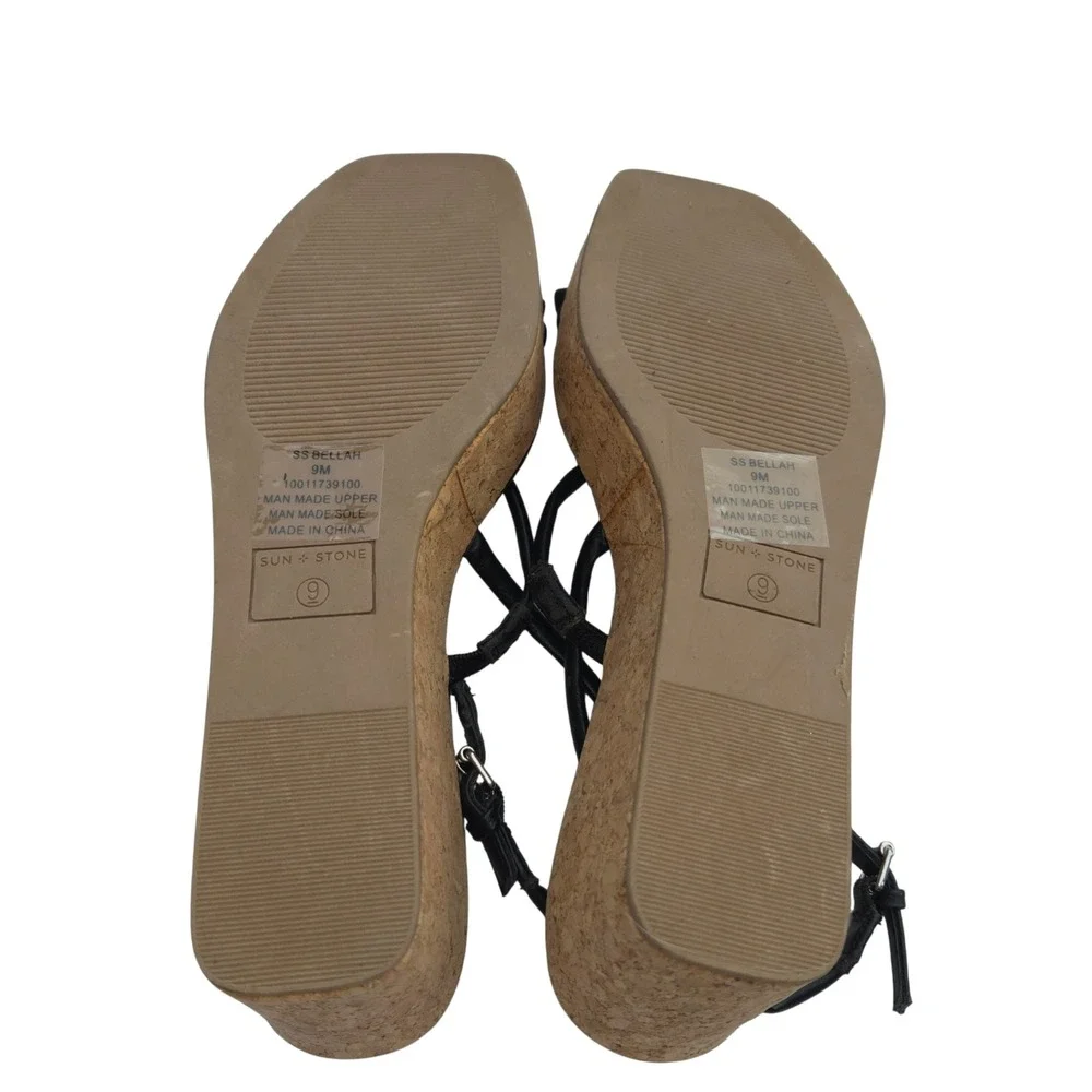 Sun + Stone Bellah Sandals Women Size 9 Black Strappy Cork Platform Wedge Summer